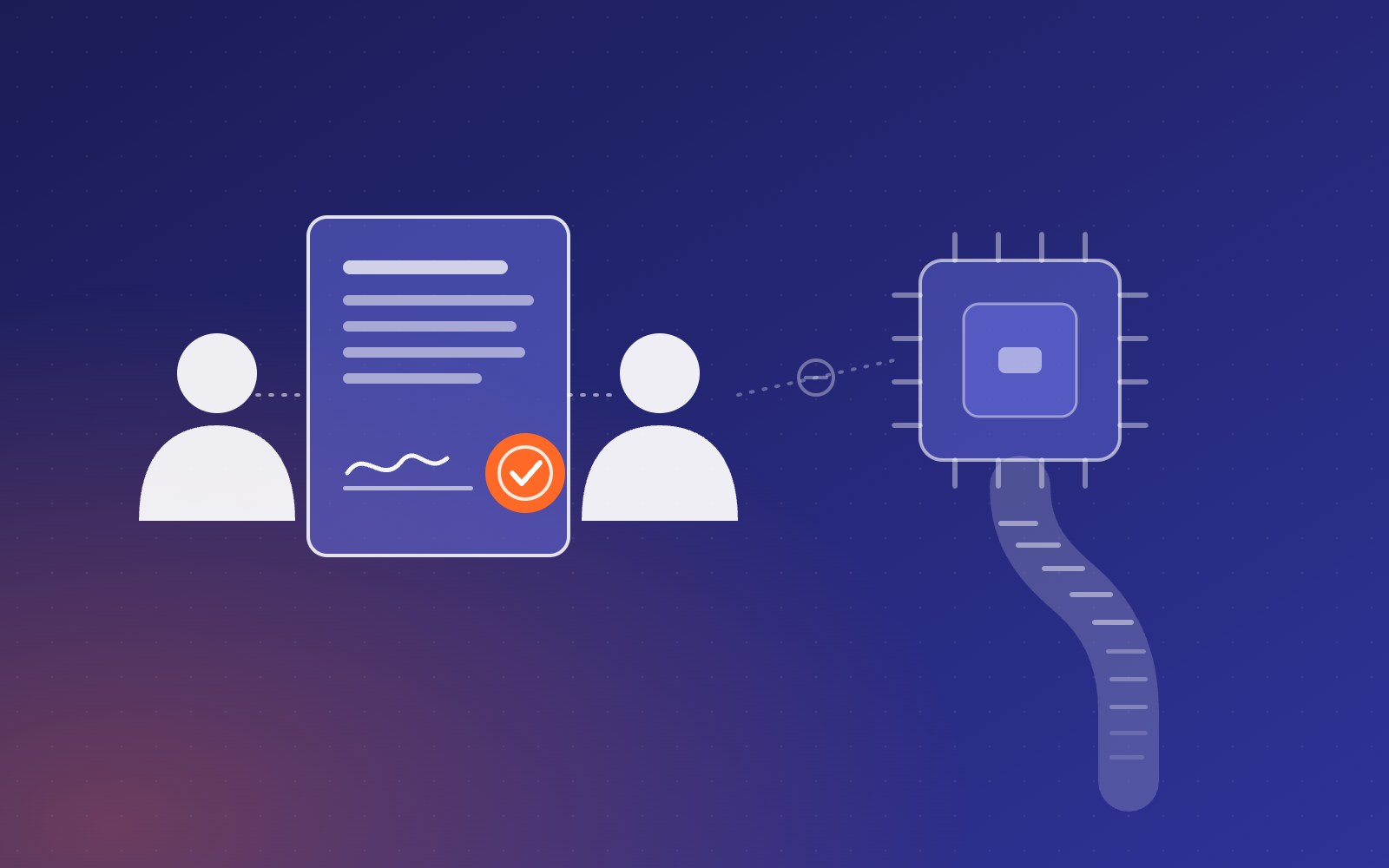 Illustration: two people with a signed agreement between them, stamped with an orange seal of approval, while across the page an AI chip trails a long ribbon of fading fine print